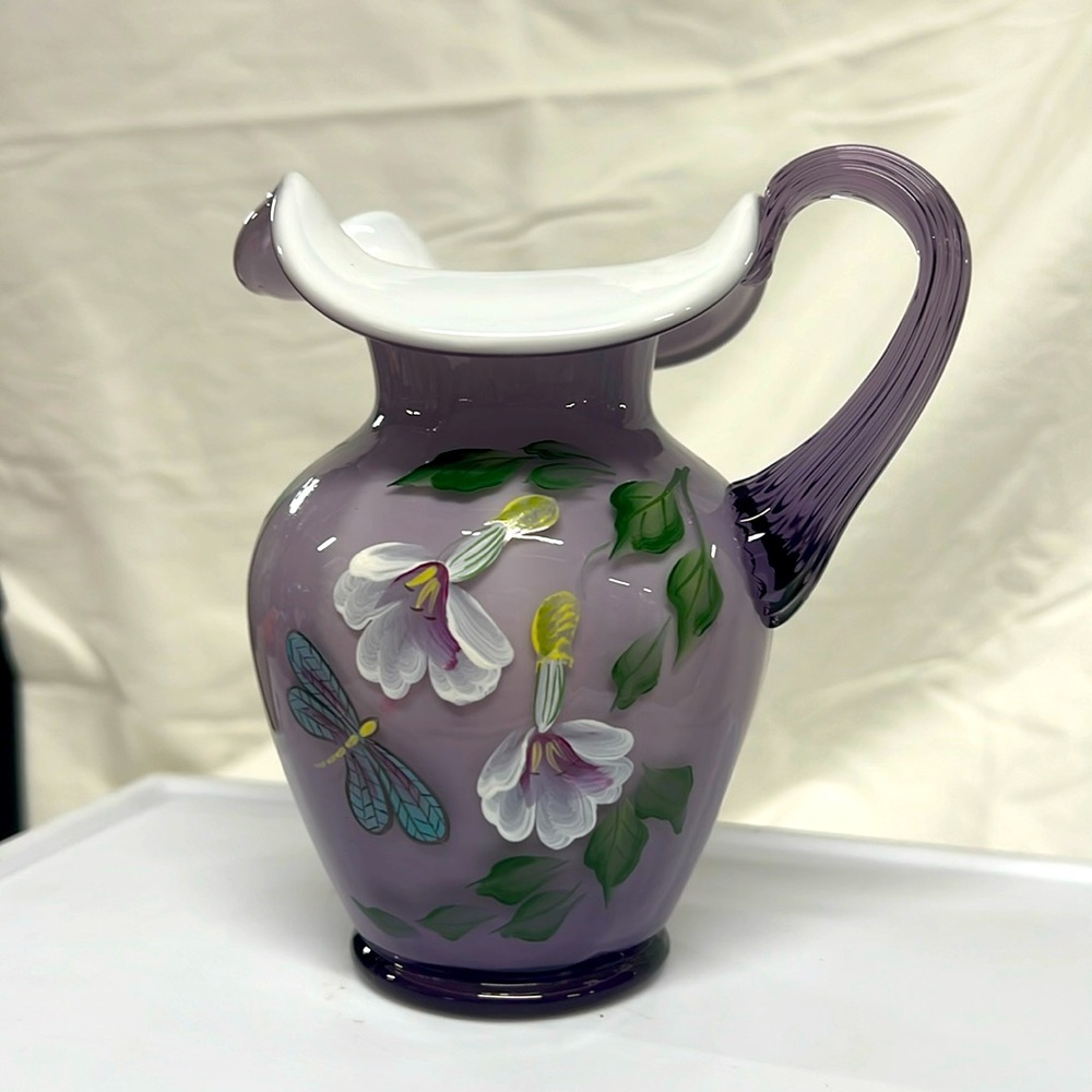 Vintage signed Fenton small lavender pitcher hand painted sweetbriar pattern